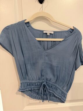 Blue V-Neck Drawstring Crop Top